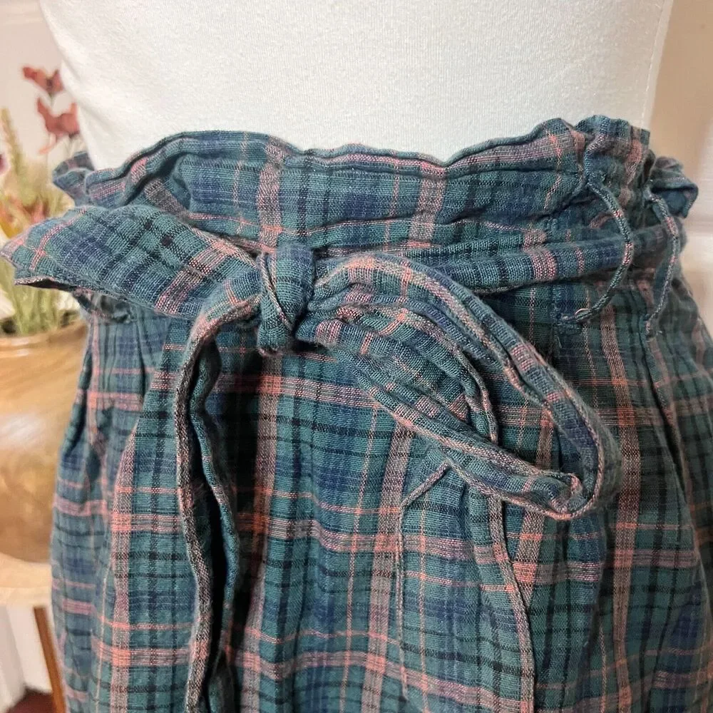 American Eagle‎ Womens Green Plaid Linen Blend Tie Shorts Sz M Heritage Academia